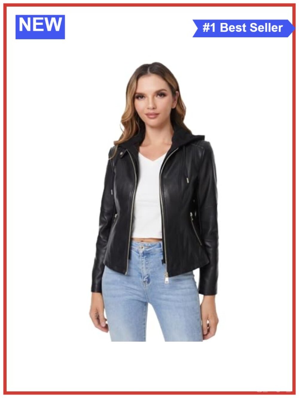 Faux Leather Jacket Women Removable Hooded Moto Biker Coat Slim Fit